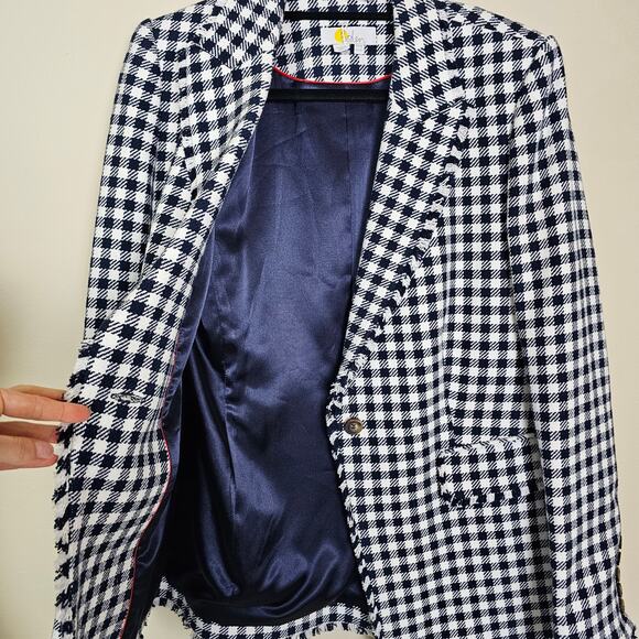 Boden Women's 10 Navy Gingham Cotton Tweed Blazer Raw Edge Fringe NWOT Jacket - Picture 6 of 11